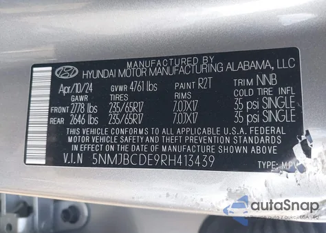 2024 Hyundai Tucson Sel из США, поврежденный, VIN 5NMJBCDE9RH413439